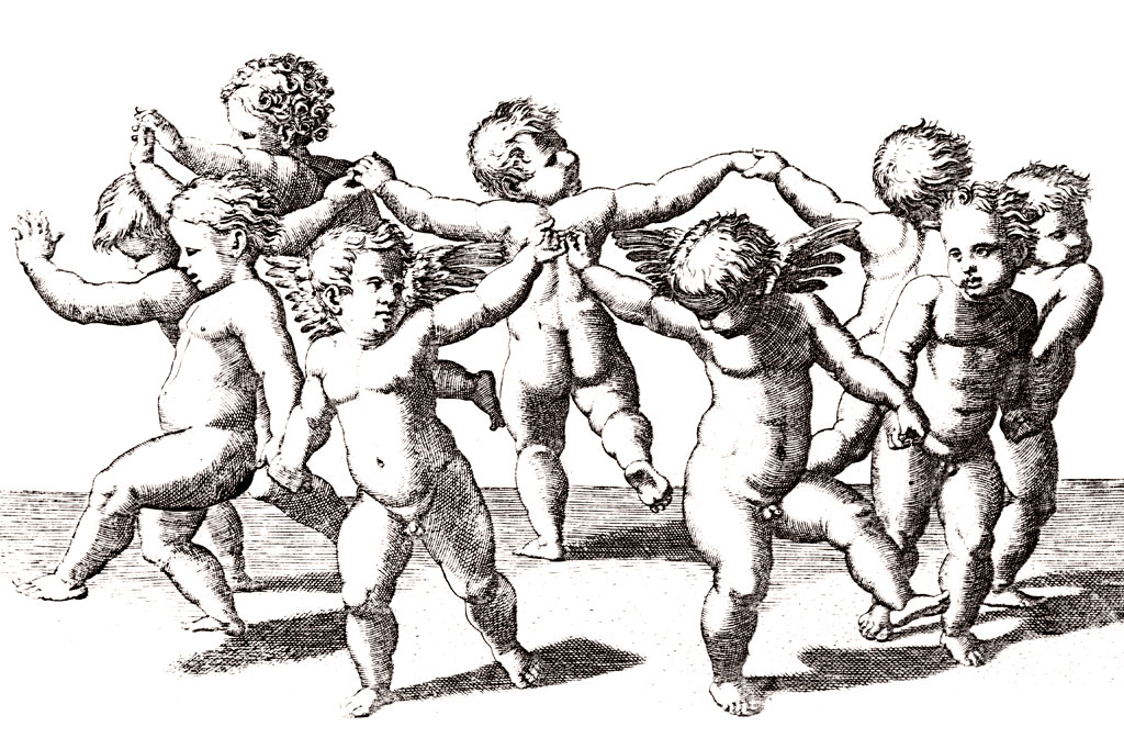 Ilustração de diversos anjos nus em roda, dançando. Eles são pequenos, como crianças, a possuem pequenas asas nas costas