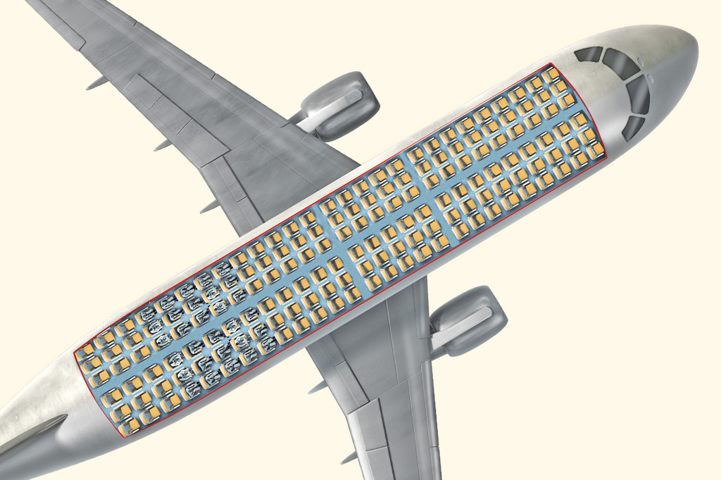 <strong>As companhias de baixo custo transformaram o avião numa lata de sardinha: fileiras duplas de três poltronas, com espaço mínimo entre elas.</strong>