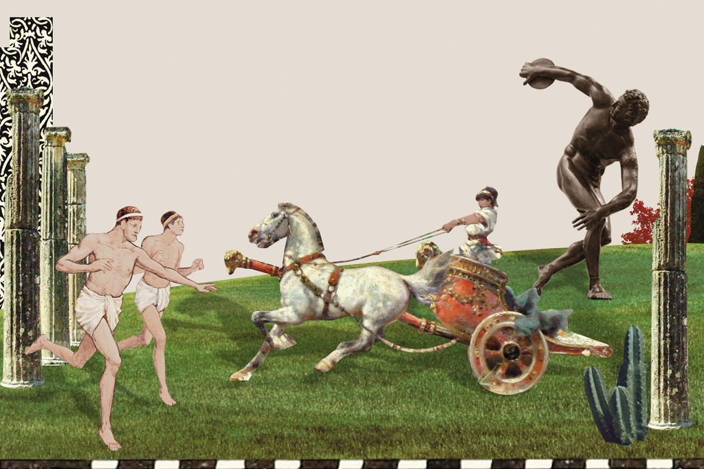 Colagem com elementos gregos: pilares brancos, uma mulher conduzindo um cavalo em uma biga e uma estátua de um homem arremessando um disco