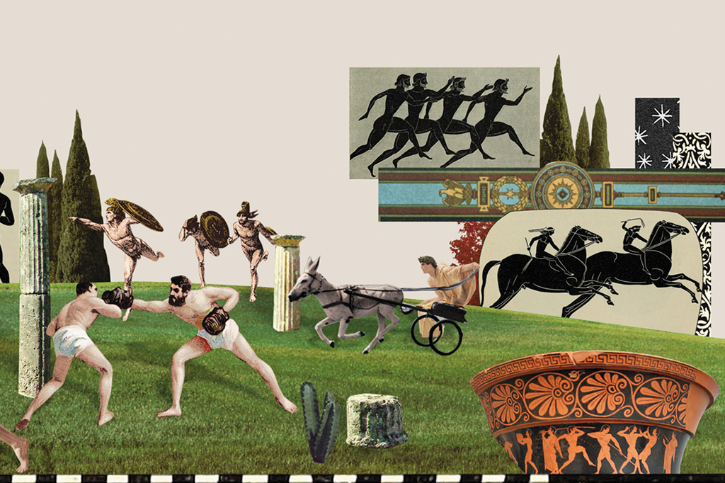 Colagem com elementos gregos: luta de boxe, corrida de bigas, homens carregando escudos e um antigo vaso grego no canto.