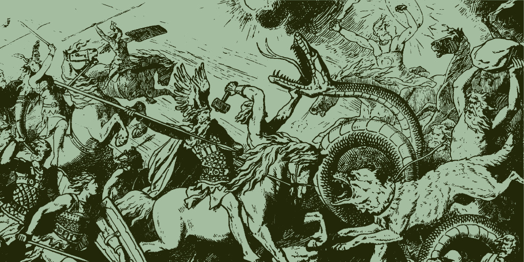 <strong>Odin e Thor (no centro) enfrentam inimigos no Ragnarök.</strong>