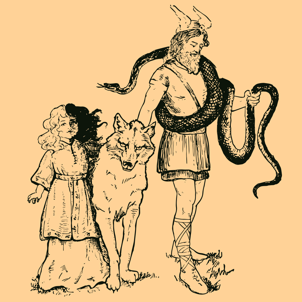 loki com o imenso lobo Fenrir; a Serpente de Midgard e a menina Hel, cujo corpo era metade vivo e metade morto (em putrefação, como o de um cadáver).