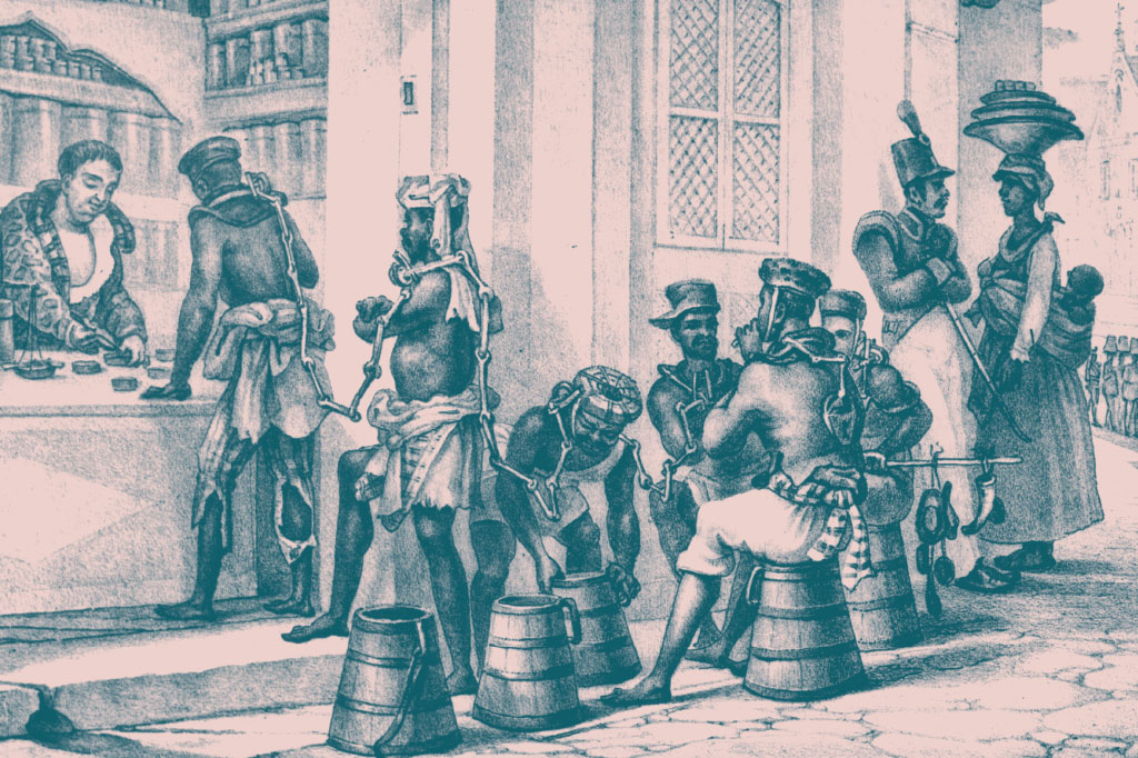SI_Primeiros_Brasileiros_Bandeirantes_1 <strong>A descoberta de ouro em Minas Gerais aumentou a demanda por mão de obra escravizada. Na imagem, desenhada pelo francês Jean-Baptist Debret (1768-1848), escravos compram tabaco antes de seguir para o trabalho.</strong>