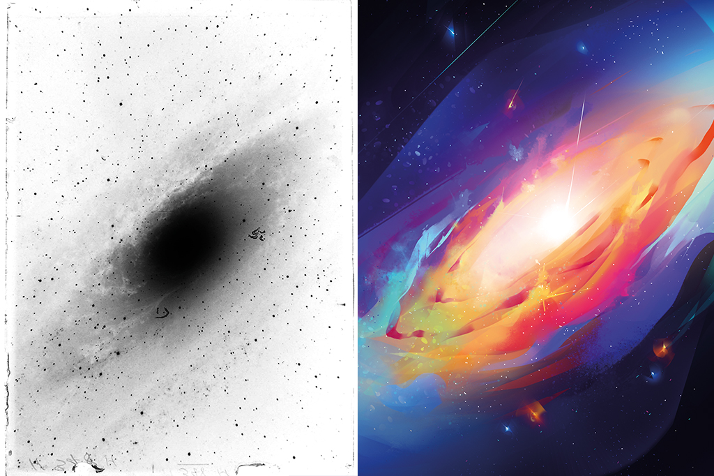 À esquerda, uma das placas de vidro usadas por Hubble para descobrir que Andrômeda era outra galáxia, semelhante à Via Láctea. A foto é um negativo em preto e branco: a luz da galáxia é representada pelas áreas negras.