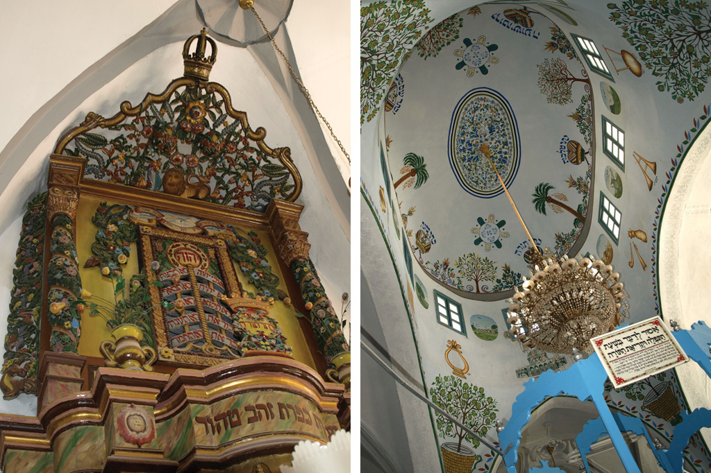 <strong>1) A bela arca é uma das atrações da Sinagoga Ari Ashkenazi; 2) Na sinagoga, construída no século 16, também chama a atenção o teto, com pinturas que remetem à Árvore da Vida.</strong>