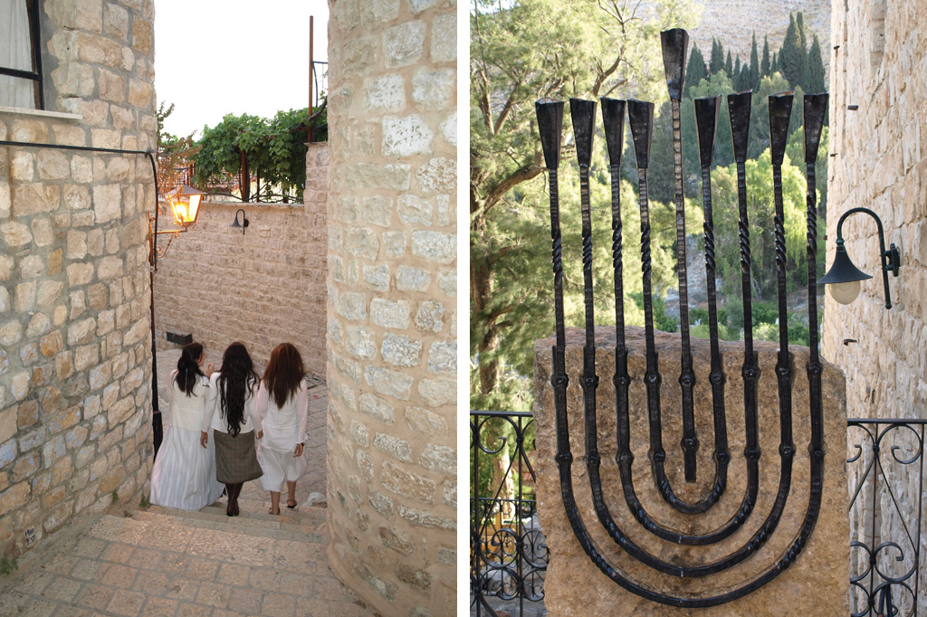 <strong>1) Moças passeiam nas ruelas de Safed; 2) Candelabro com 9 pontas, comum na cidade.</strong>