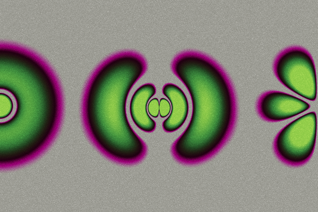 Nunca saberemos a real a aparência de um átomo, pois ele é pequeno demais para ter uma aparência. A ilustração acima mostra as nuvens de probabilidade de elétrons em diferentes níveis de energia. Em português claro: as áreas verdes são as regiões em torno do núcleo do átomo onde há mais chances de um elétron estar. É impossível ter certeza absoluta sobre sua posição. Essas nuvens são regidas pela equação de Schrödinger.