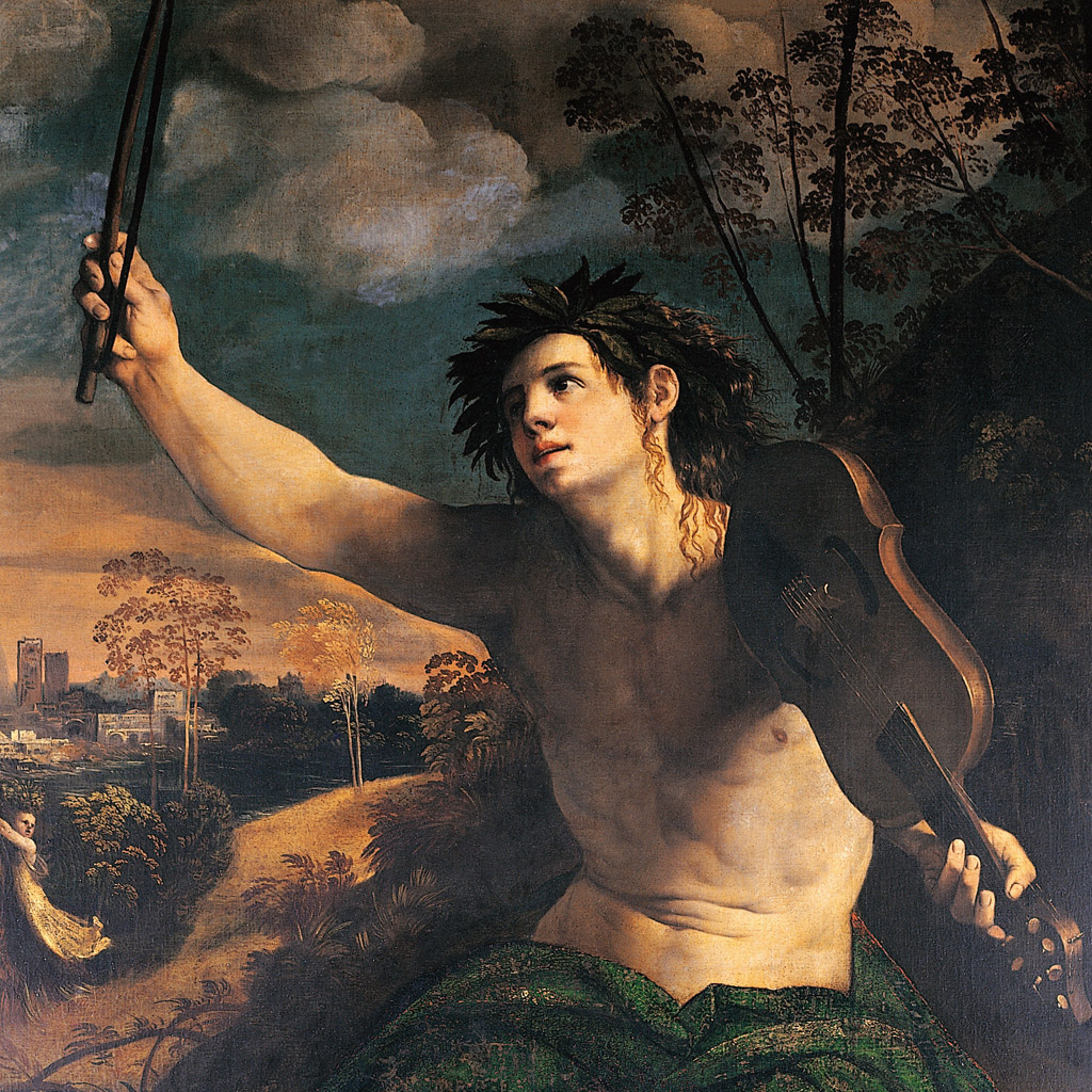 <strong>Deus da música, Apolo toca um instrumento de cordas para o deleite dos imortais.</strong>