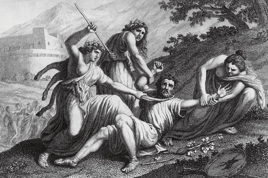 <strong>Bacantes alcoolizadas avançam contra o rei de Tebas, que tenta proibir a devassidão dionisíaca.</strong>