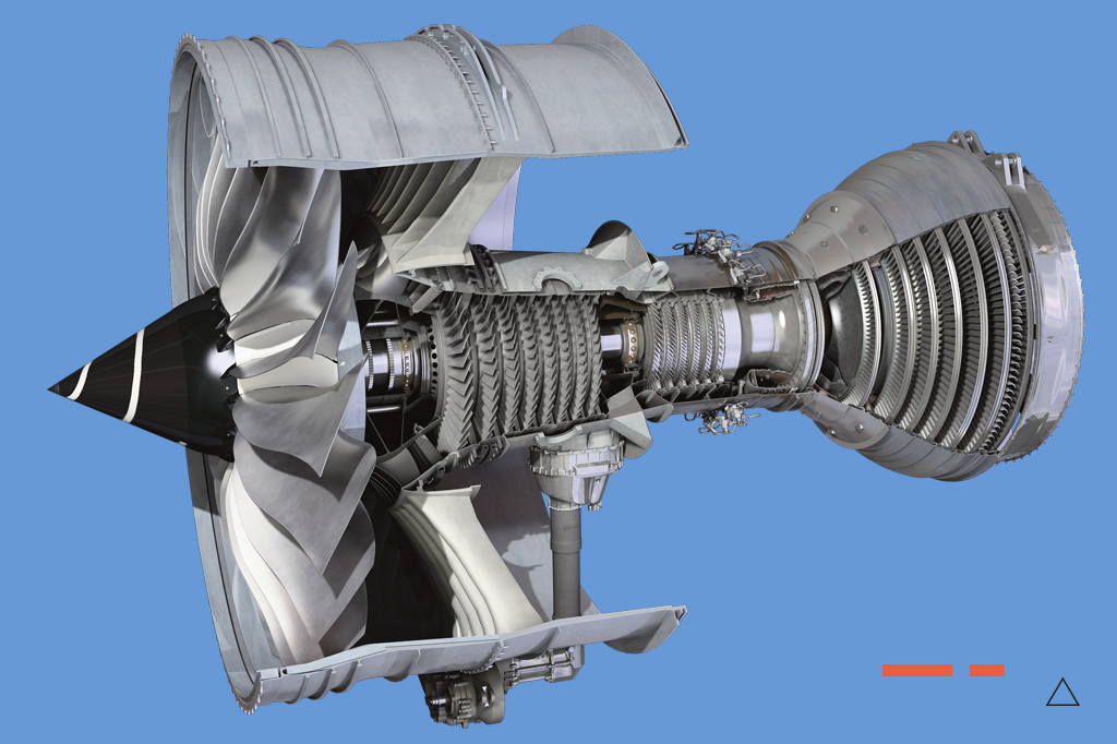 <strong>O Trent 1000, da Rolls-Royce, é um turbofan dividido em três eixos – fan, compressores e turbina – que dá empuxo a aviões como o 787 Dreamliner.</strong>