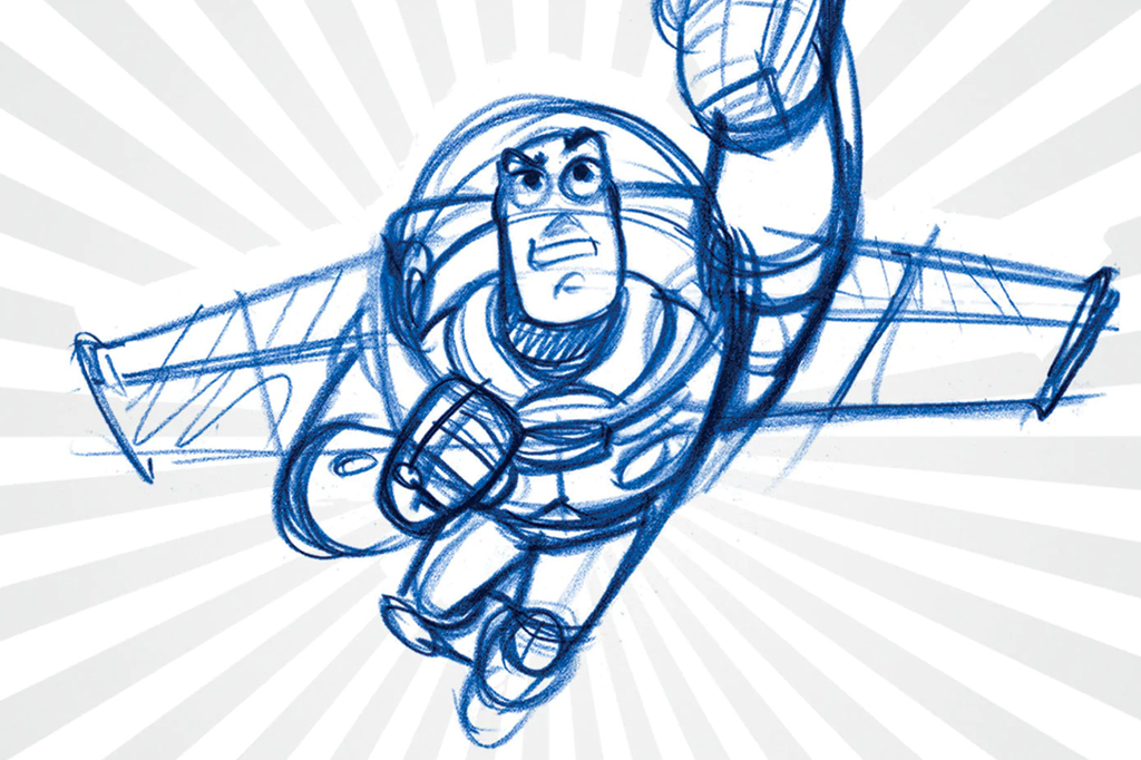 A imagem mostra um rascunho de desenho do personagem Buzz Lightyear, um astronauta que usa um capacete redondo transparente e um traje espacial com asas presas na parte traseira. A ilustração é da cor azul e nela, Buzz está erguendo uma das mãos para o alto, como se estivesse voando.