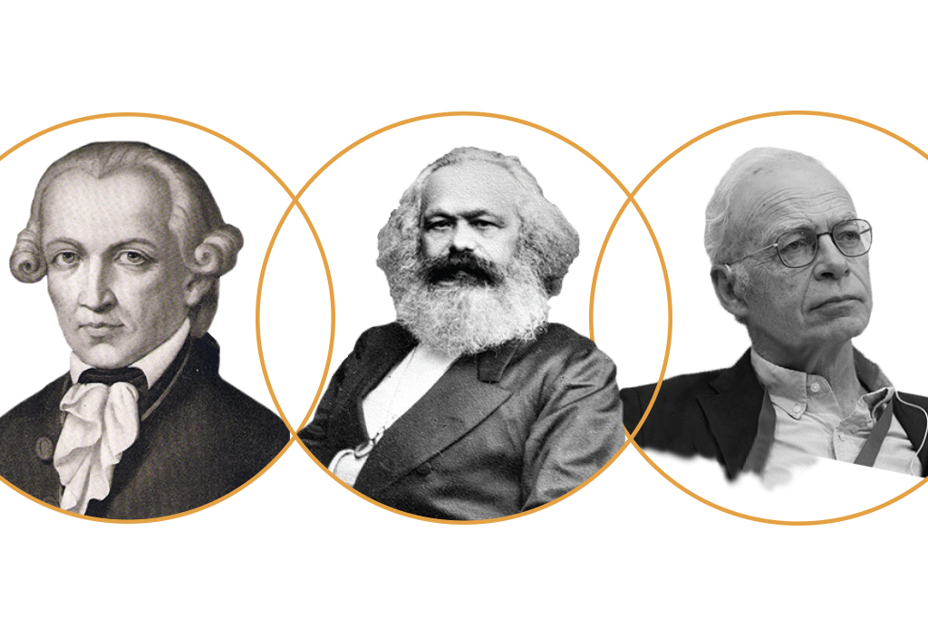 Círculos de borda amarela com as imagens dos filósofos: Immanuel Kant, Karl Marx e Peter Singer, em preto e branco com um fundo branco.