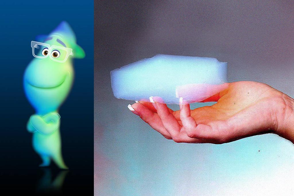 Personagem do novo filme da Disney com a Pixar, "Soul" em contraposição com uma placa de aerogel.