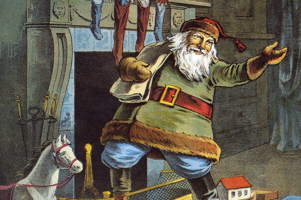 Ilustração antiga mostrando o Papai Noel saindo de dentro da lareira para entregar brinquedos na casa.