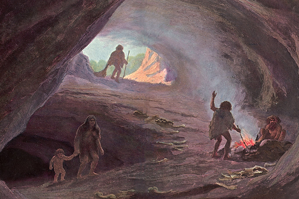 Ilustração mostrando alguns dos primeiros homens e mulheres vivendo nas cavernas.