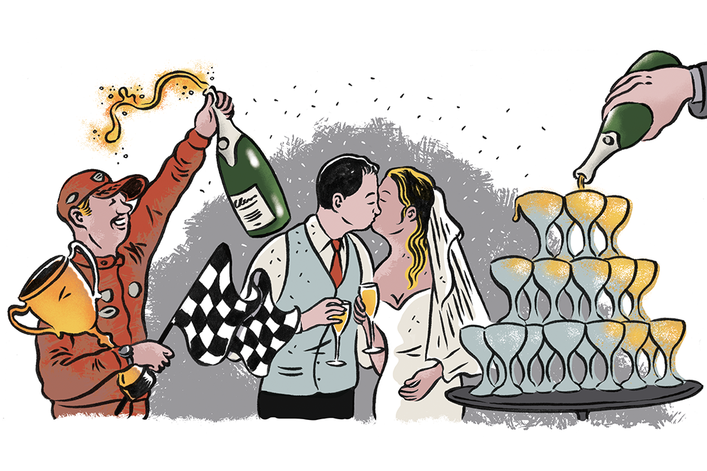 Ilustração mostrando um compilado de algumas formas de celebrar com champanhe: um piloto de Fórmula 1 com uma garrafa de espumante em uma mão - na outra, um troféu e a bandeira da linha de chegada; noivos se beijando com as taças nas mãos; um garçom despejando espumante em uma pirâmide de taças, formando uma pequena cascata.