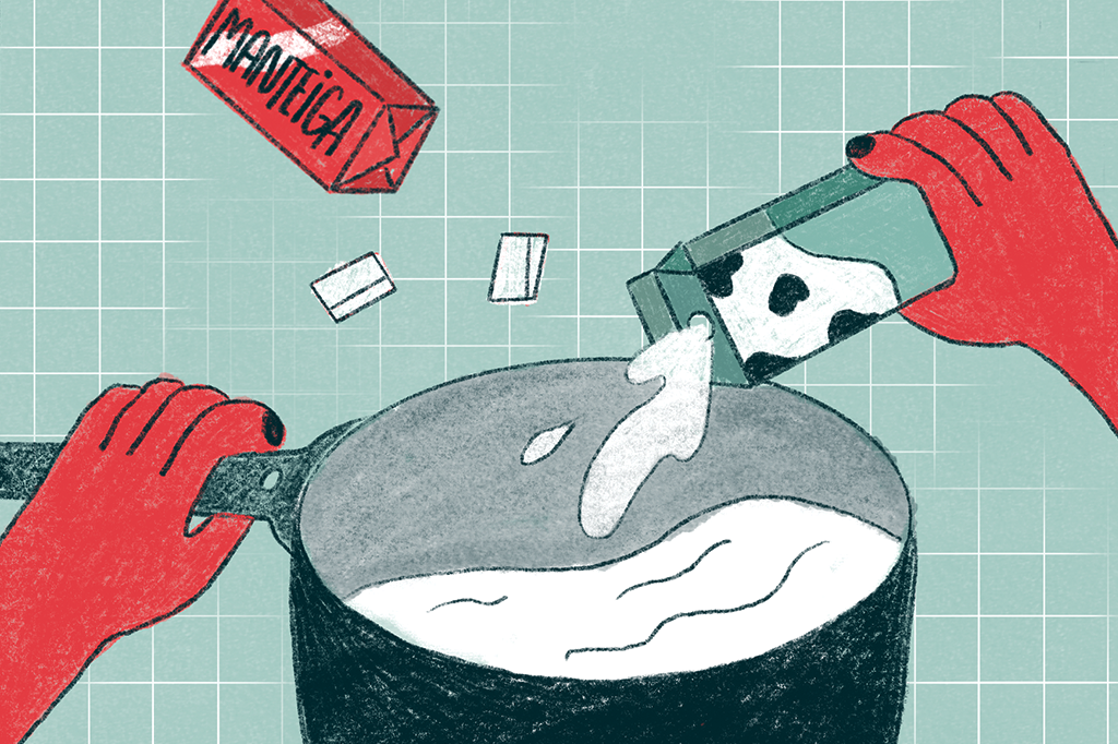 Ilustração mostrando as mãos de uma pessoa - com uma das mãos, ela coloca leite em uma panela; com a outra, ela segura a panela. É possível ver uma barra de manteiga ao lado.