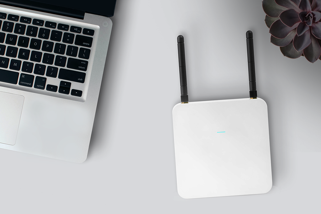 Um laptop, um pequeno modem branco, com antenas pretas, e uma suculenta em cima de uma mesa branca. Vistos de cima.