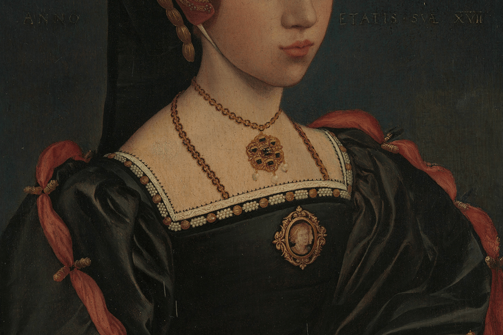 Retrato de uma mulher nobre do século 16, mostrando apenas um recorte do nariz até a cintura - no qual podemos ver o belo vestido e as joias da moça.