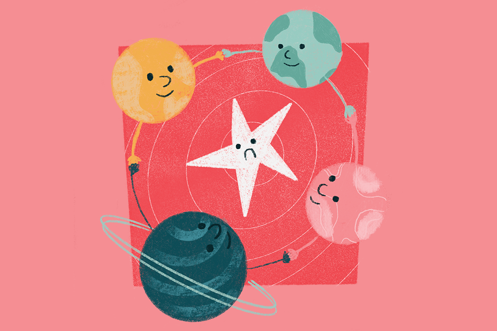 Ilustração de planetas com sorrisinhos fazendo ciranda cirandinha ao redor de uma estrela triste.