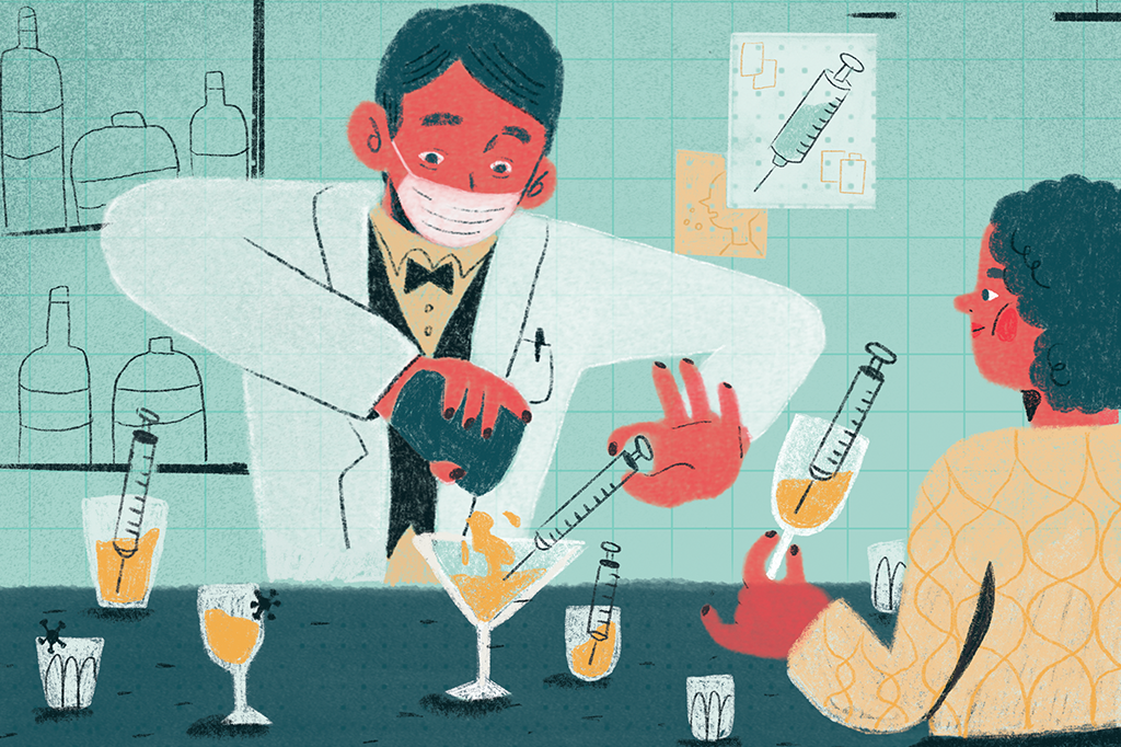 Ilustração de um barman de máscara preparando drinks que envolvem a mistura de várias seringas de vacina. Uma moça está sentada na frente dele, degustando os drinks.