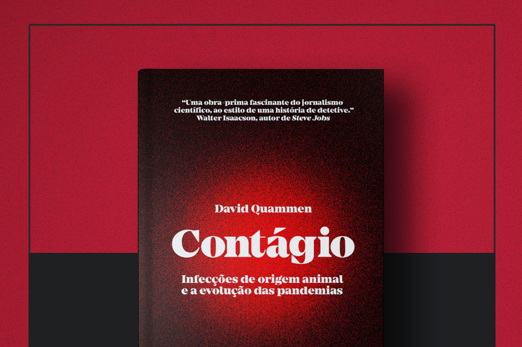 Capa do livro "Contágio" no centro da imagem. O livro é vermelho, com letras brancas.