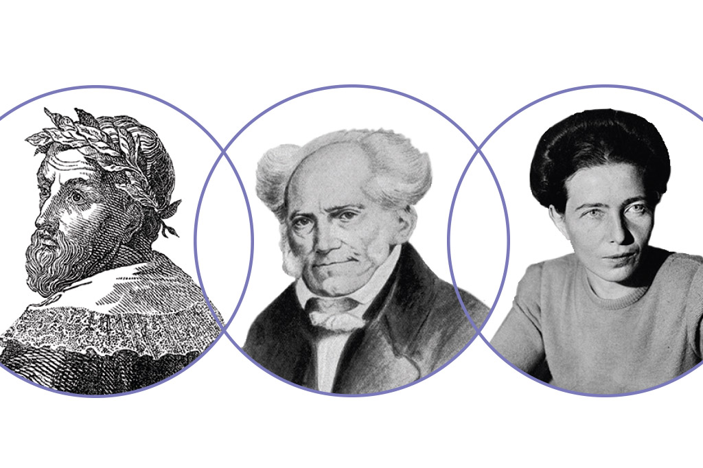 Círculos de borda lilás com as imagens dos filósofos: Aristóteles, Arthur Schopenhauer e Simone de Beauvoir, em preto e branco com um fundo branco.