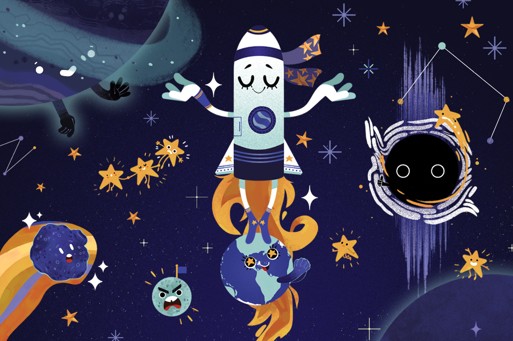 Ilustração mostrando um foguete com rostinho, braços e pernas, decolando de uma Terra com carinha de feliz. Alguns outros elementos do sistema solar aparecem ao redor deles, como a lua, Saturno, estrelas, um cometa e um buraco negro - todos com rostinhos.