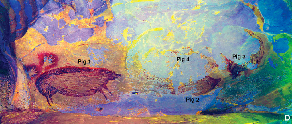 Imagens de porcos pintados na parede de uma caverna.