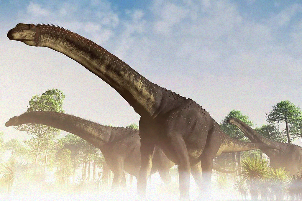 Ilustração de uma manada de Argentinosaurus, um tipo de titanossauro gigante.