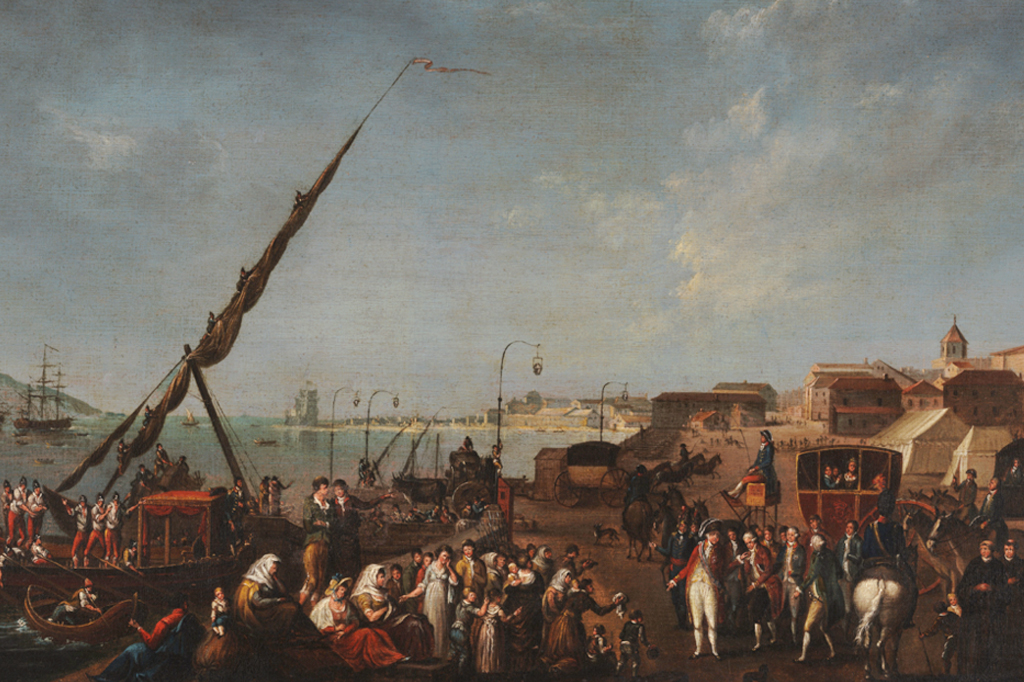 O Embarque da Família Real Portuguesa ao Brasil em 1807, pintura do século XIX atribuída a Nicolas-Louis-Albert Delerive.