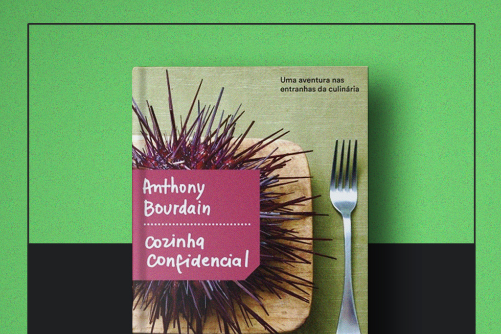 Capa do livro "Cozinha confidencial" no centro da imagem.