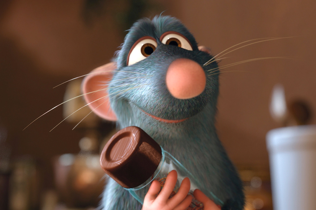 Ilustração de Remy, um rato cinza, segurando um pequeno pote de vidro.