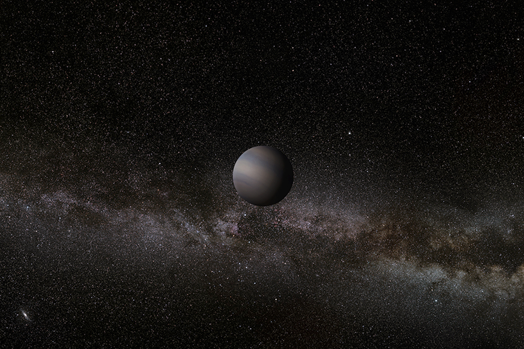 Ilustração de um planeta órfão, em um fundo estrelado.