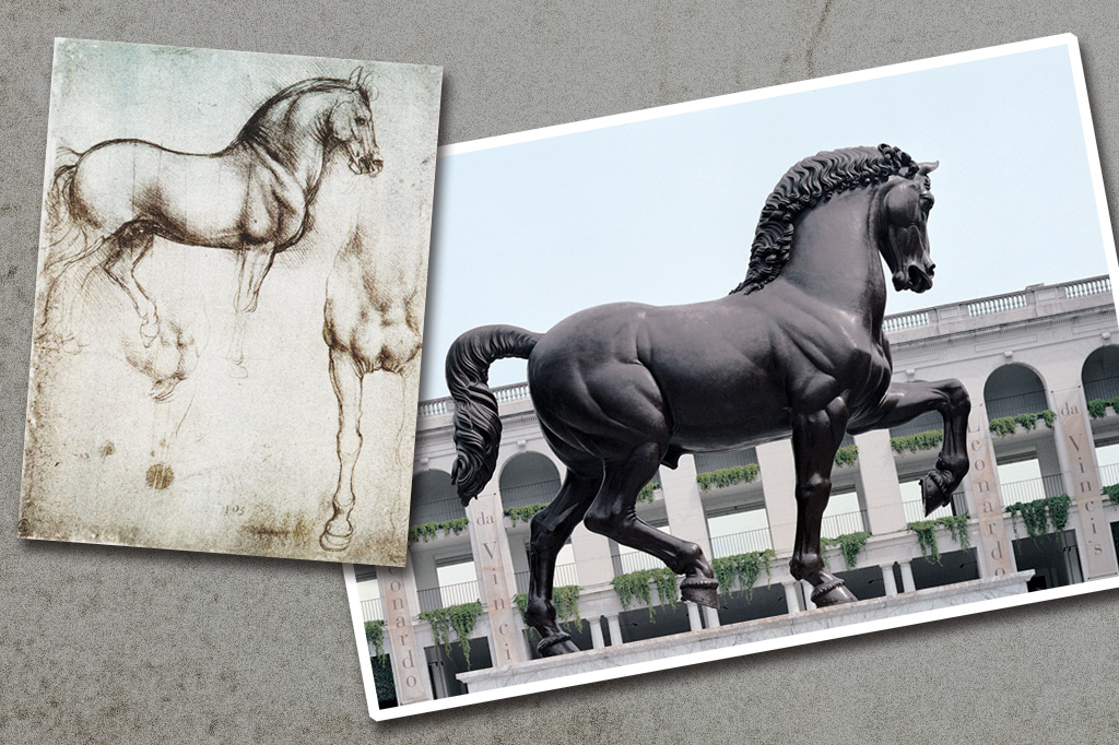 O Grande Cavalo. Monumento equestre idealizado por Da Vinci e esculpido por Francesco Sforza. Instalada na Piazzale dello Sport, bem em frente ao Parque Hipódromo, em Milão.