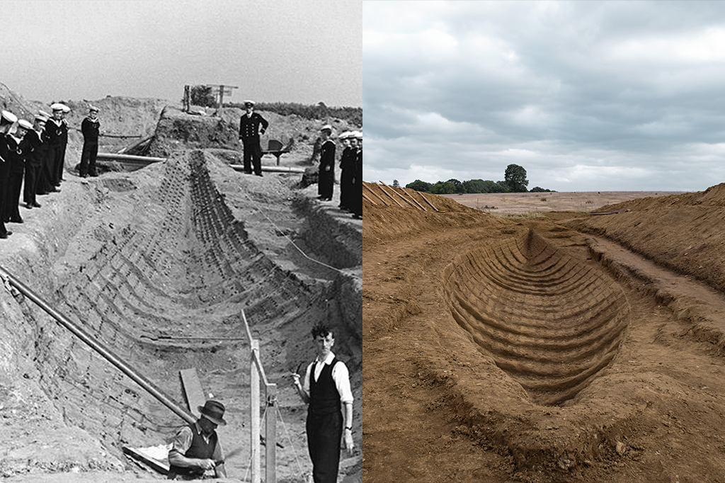 Duas imagens sobre a escavação de Sutton Hoo.