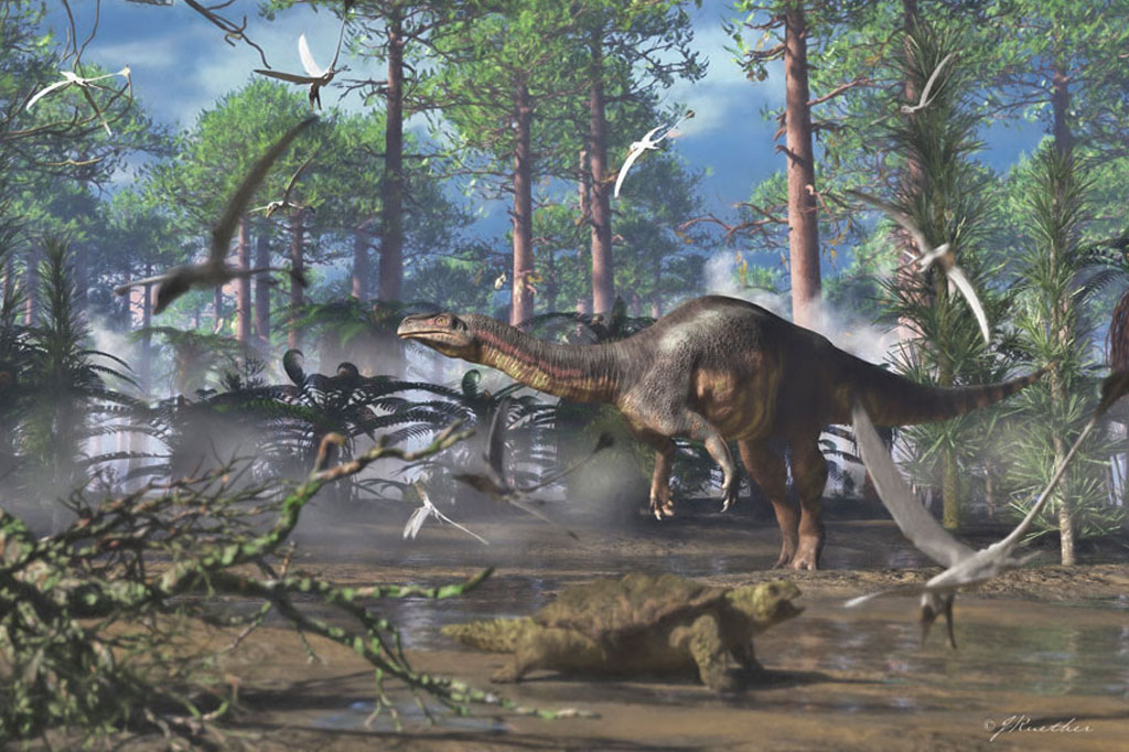 Ilustração do Plateossauro na América do Sul.