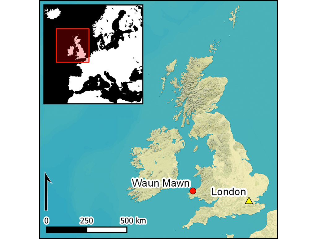 Mapa do Reino Unido destacando dois pontos: Waun Mawn e Londres.