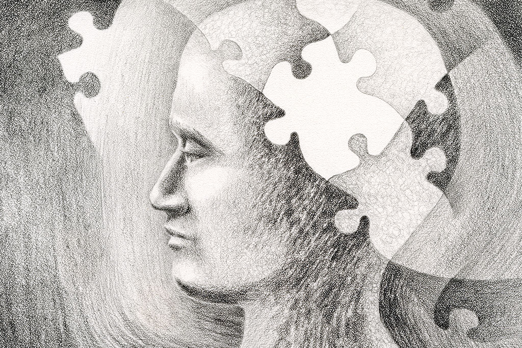 Ilustração em preto e branco de uma pessoa de perfil, com a cabeça formada por peças de um quebra-cabeça.
