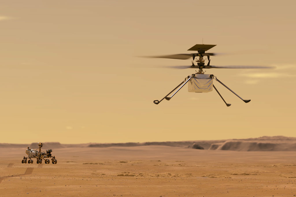 Ilustração mostra o Mars Helicopter Ingenuity voando em Marte, com o Rover Perseverance ao fundo.