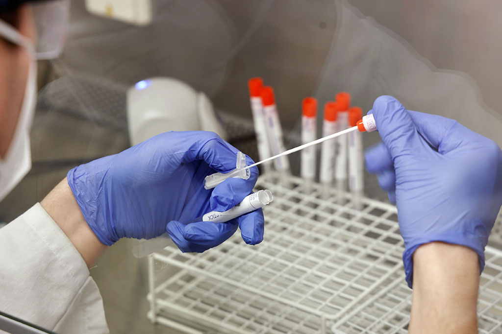 Técnico de laboratório com testes de PCR para Covid-19.