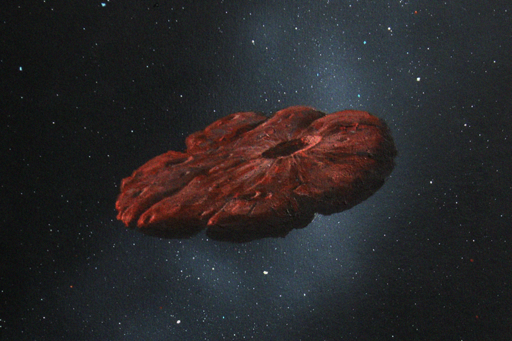 Ilustração mostrando o objeto estelar Oumuamua flutuando no espaço sideral.
