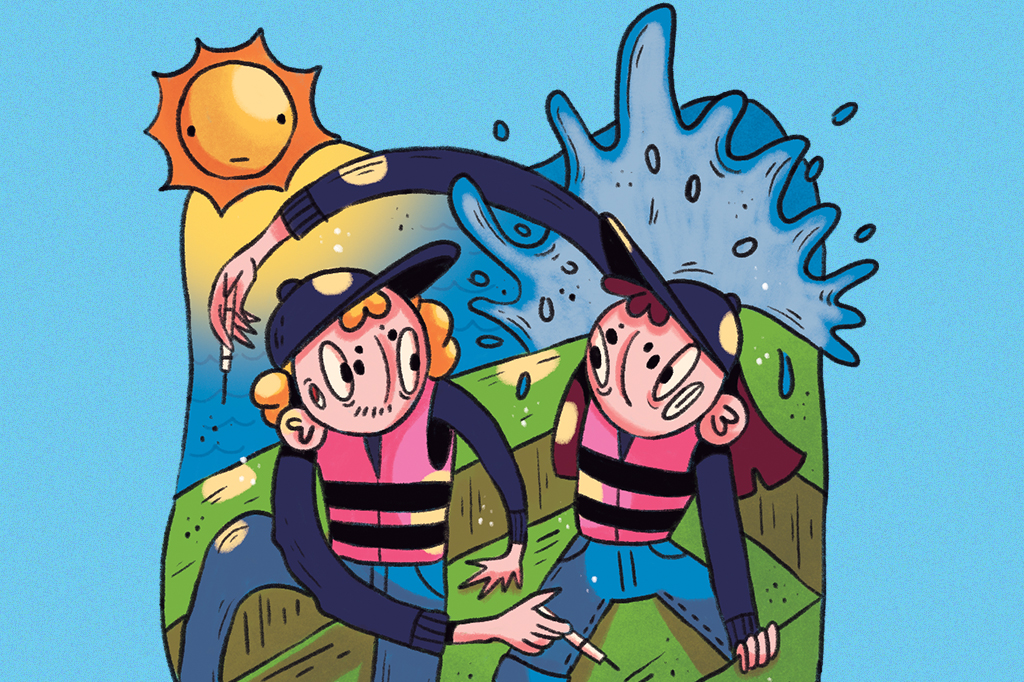 Ilustração de duas pessoas em um bote inflável no mar. Elas estão usando roupas discretas e uma está vacinando a outra.