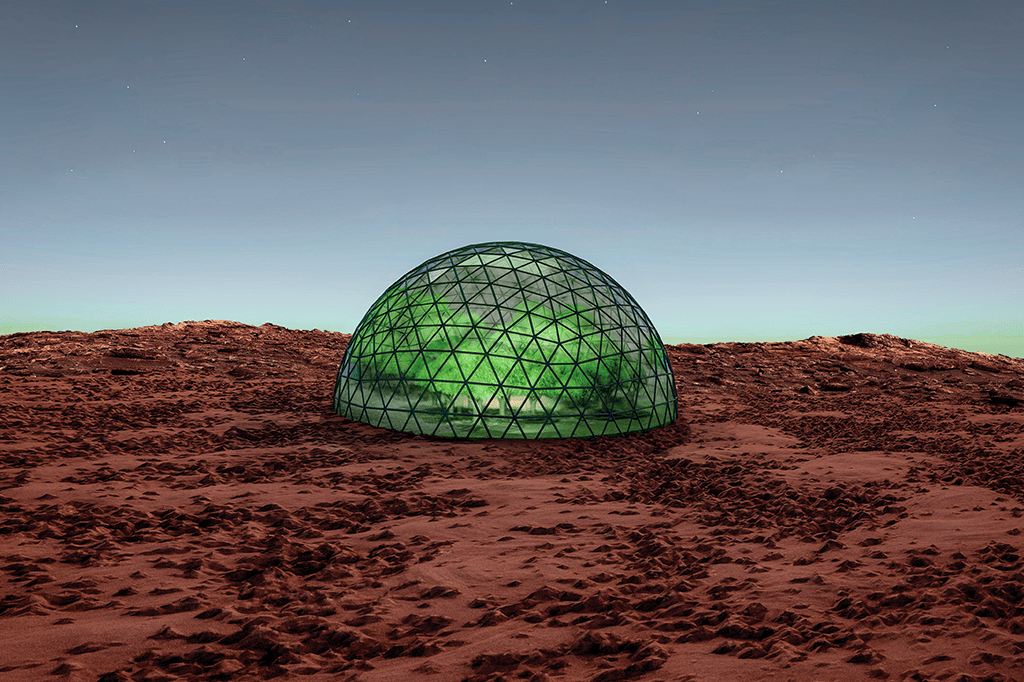Imagem mostrando uma possível colônia humana em solo marciano.