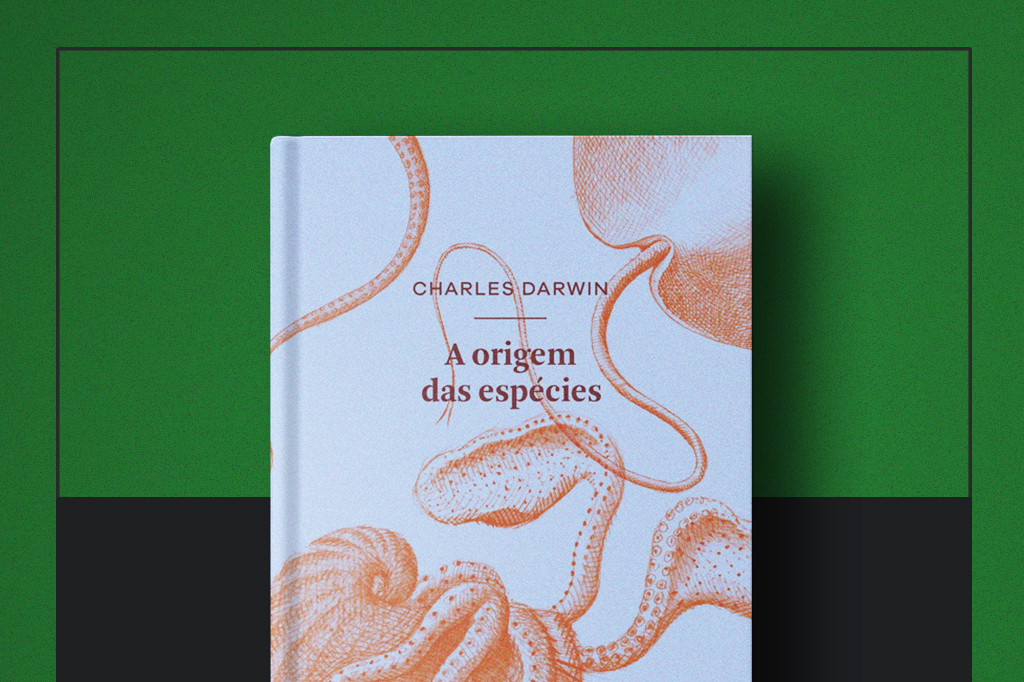 Capa do livro "A origem das espécies" no centro da imagem.