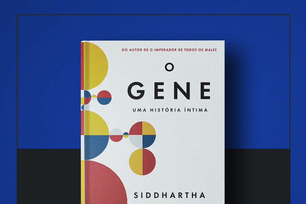 Capa do livro "O Gene" no centro da imagem.