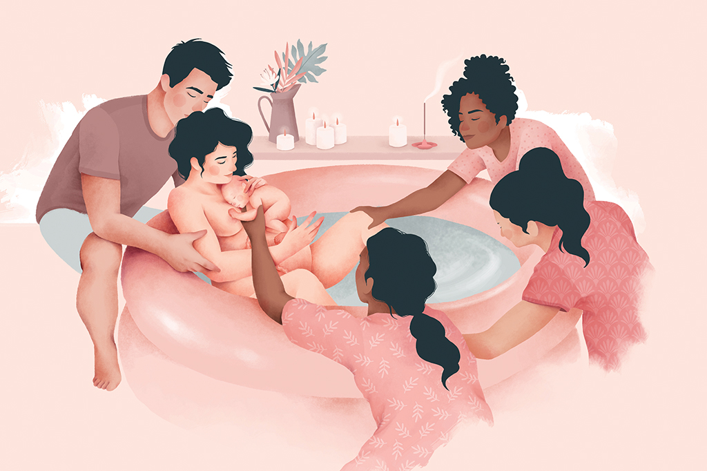 Ilustração mostrando um parto sendo realizado em uma piscininha, dentro de um ambiente caseiro, com apoio profissional.