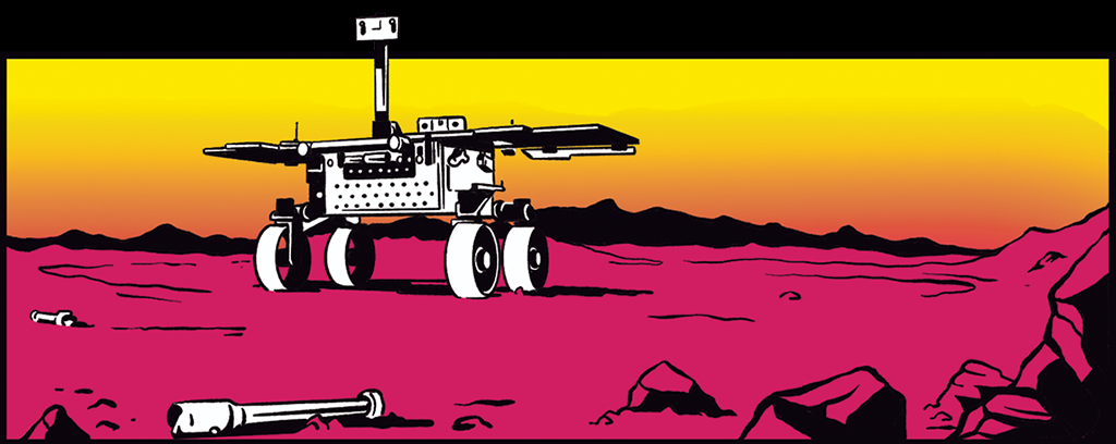 1 - Ilustração do fetch rover (“veículo de busca”) – um pequeno jipe que coleta os tubos lacrados com amostras deixados para trás pela Perseverance.