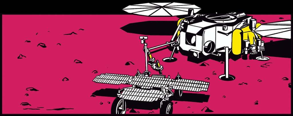 2 - Ilustração do rover retornando para o lander (“aterrissador”) – a nave maior, que centraliza a operação. O lander recolhe as amostras e as insere num pequeno foguete.