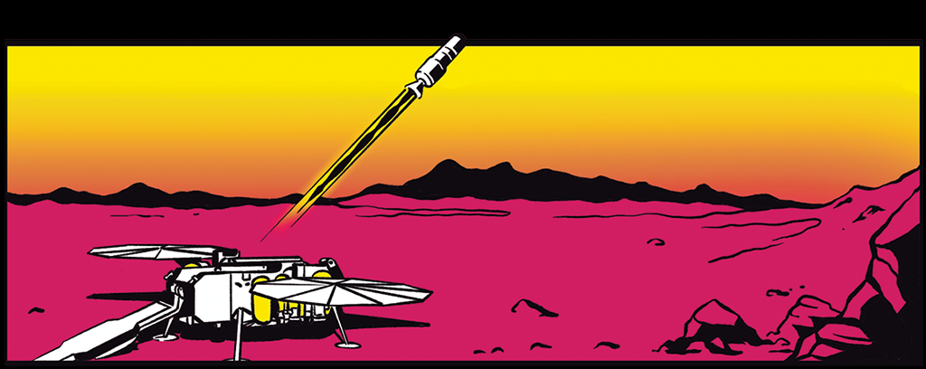 3 - Ilustração do foguete decolando para a órbita de Marte. Tanto o rover quanto o lander ficam para trás.